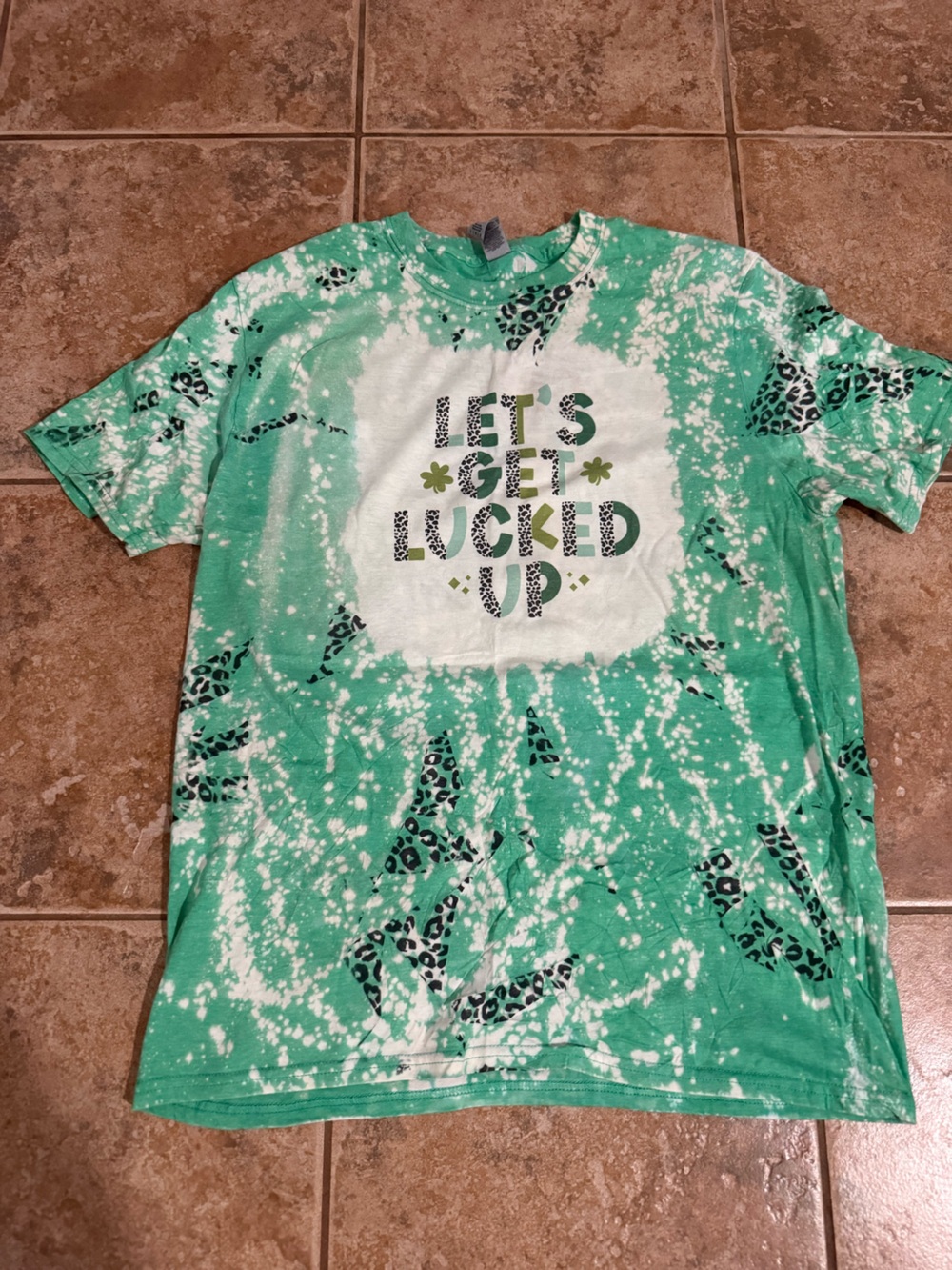 Gildan Green and White Tie-Dye Graphic Tee - "Let's Get Lucked Up"